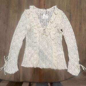 NWT Sheer Floral Lace Tie Front Ruffle Blouse Bell Sleeve Coquette Cream Medium